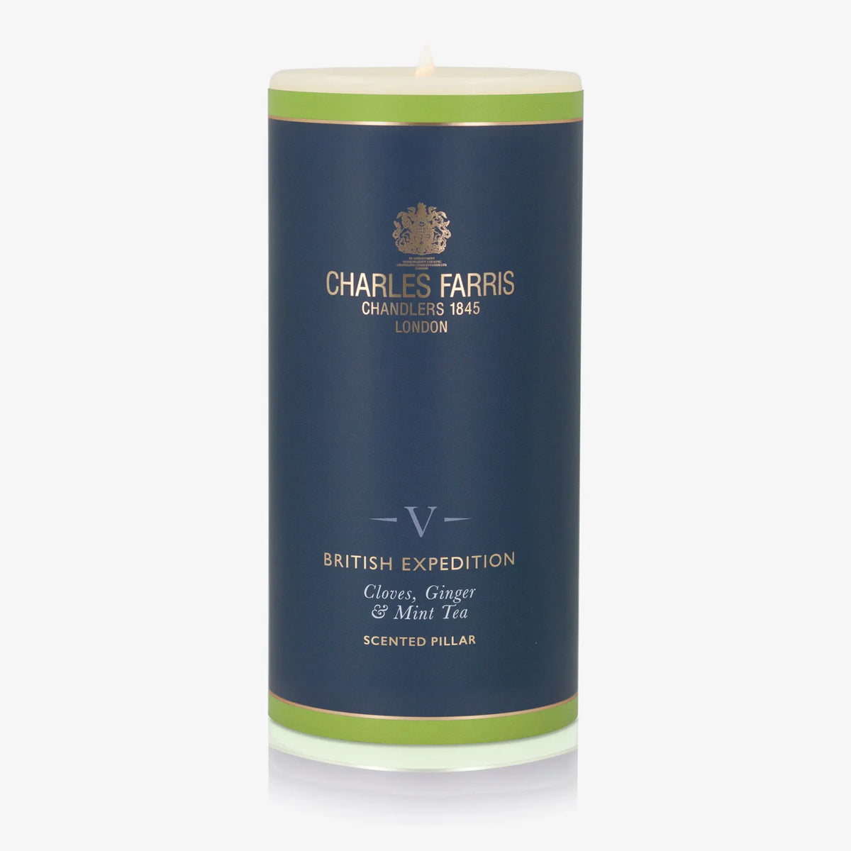 Candle in a blue label with 'Charles Farris' branding on a white background