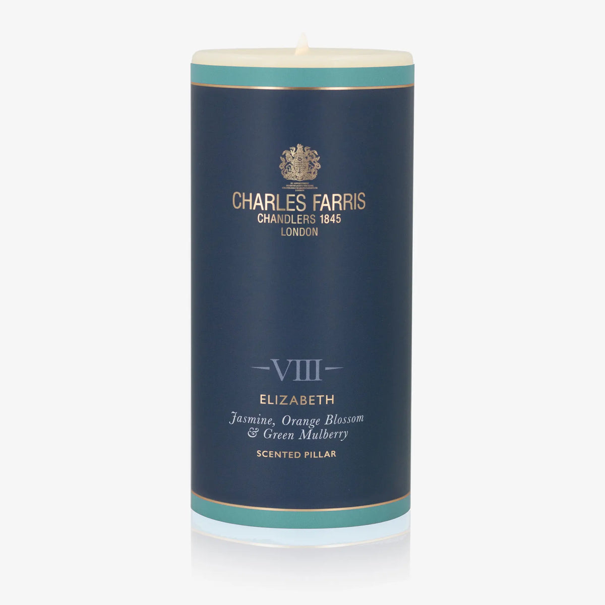 Scented pillar candle with 'Charles Farris' branding on a white background
